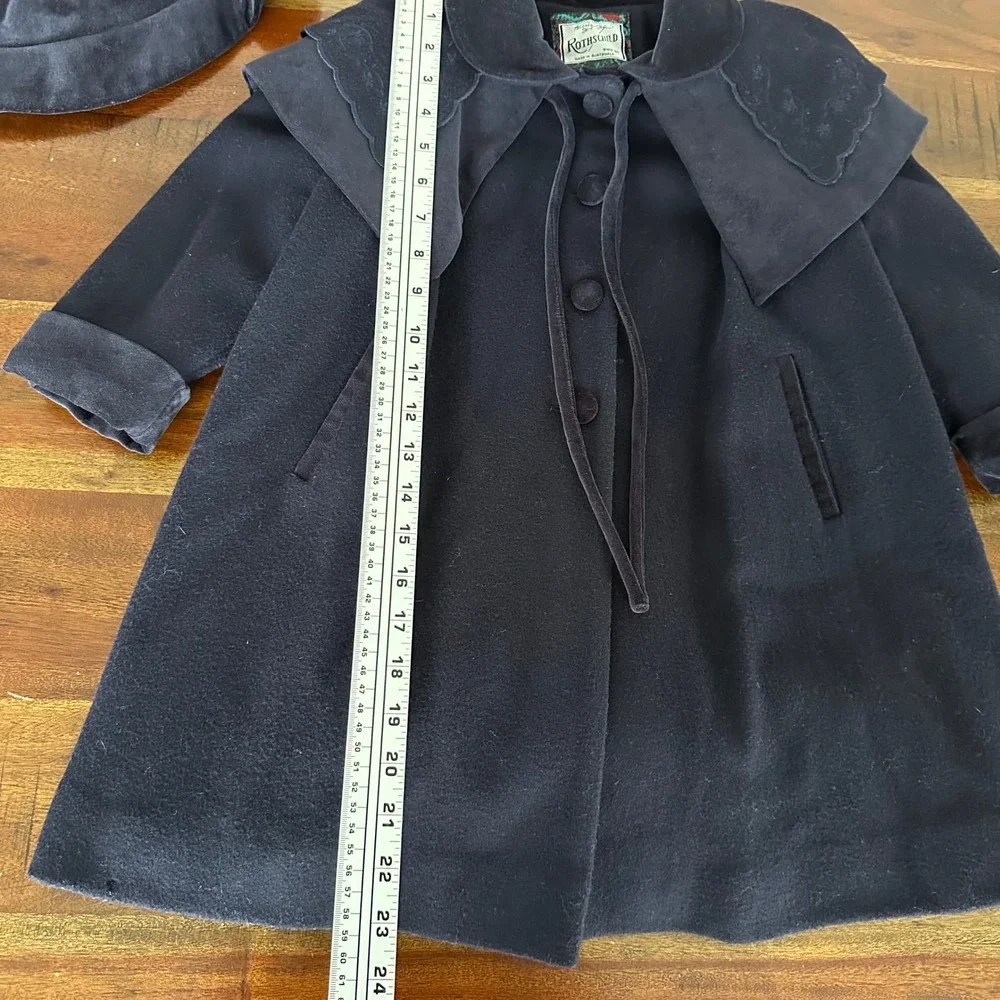 Rothschild Coat Set Girls 3T Navy Blue Vintage Wool Velvet Cape Hat Embroidery - Picture 8 of 15